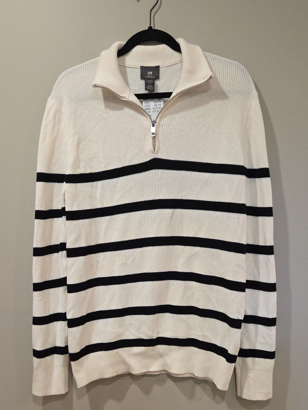 H&M Men’s Cream Zip-Up Sweater with Black Stripes